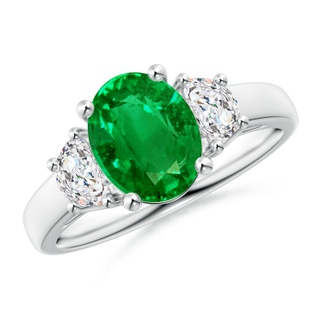 9x7mm AAAA Three Stone Oval Emerald and Half Moon Diamond Ring in P950 Platinum