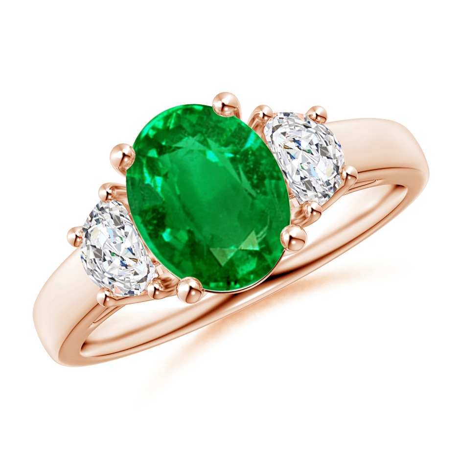 9x7mm AAAA Three Stone Oval Emerald and Half Moon Diamond Ring in Rose Gold 