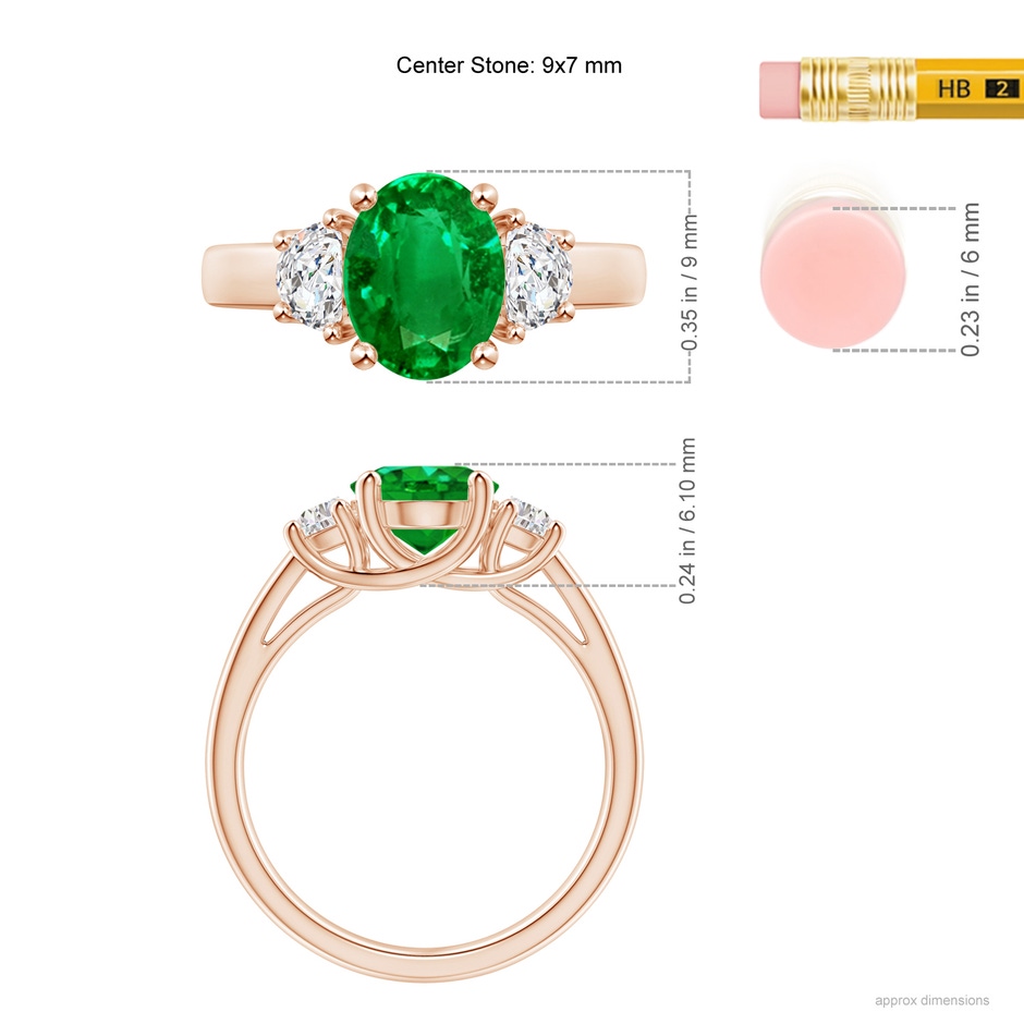 9x7mm AAAA Three Stone Oval Emerald and Half Moon Diamond Ring in Rose Gold ruler