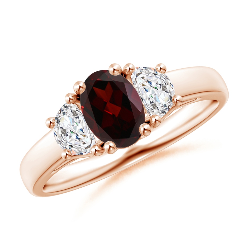 7x5mm A Three Stone Oval Garnet and Half Moon Diamond Ring in Rose Gold 