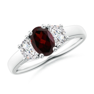 7x5mm A Three Stone Oval Garnet and Half Moon Diamond Ring in White Gold
