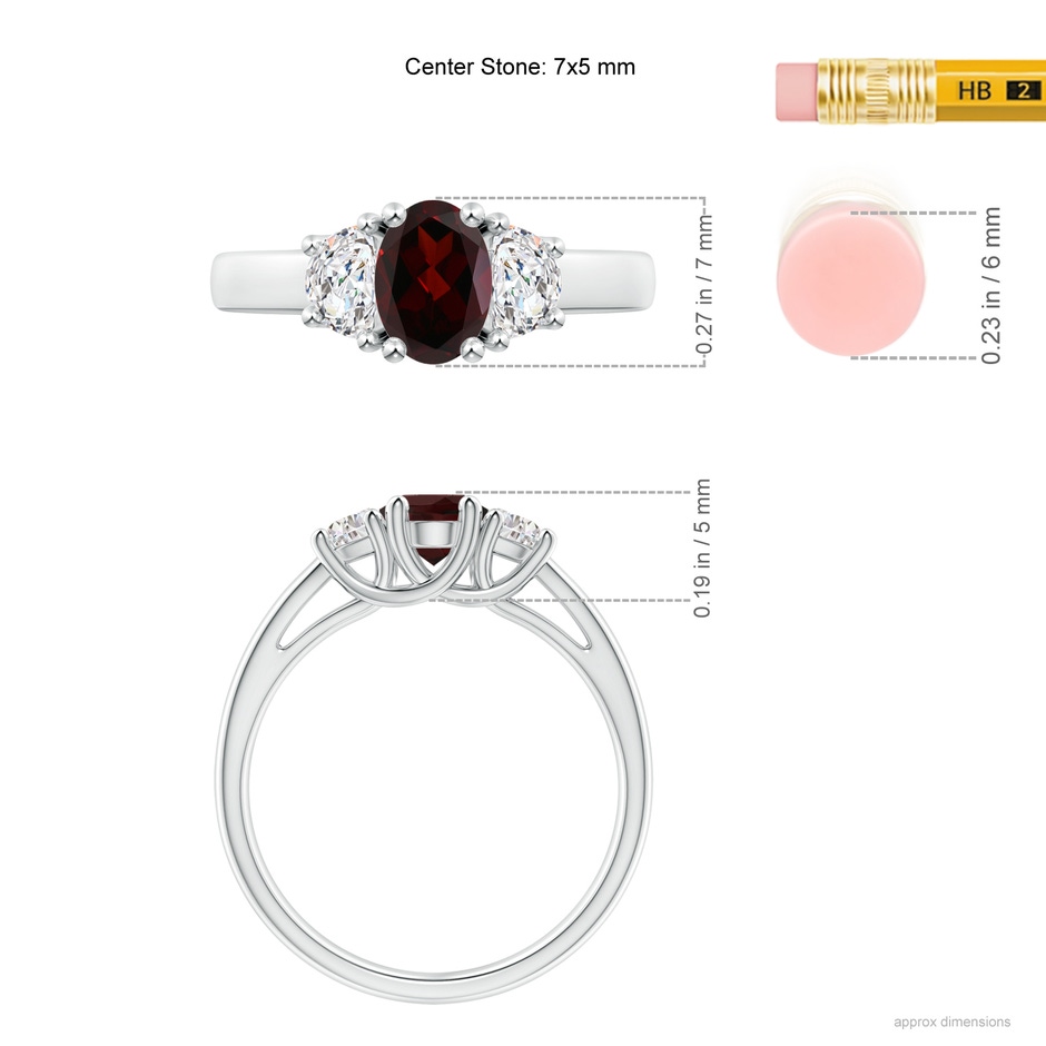 7x5mm A Three Stone Oval Garnet and Half Moon Diamond Ring in White Gold ruler