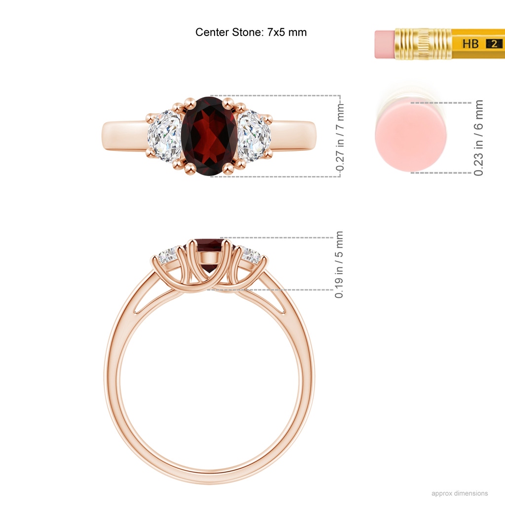 7x5mm AA Three Stone Oval Garnet and Half Moon Diamond Ring in Rose Gold Ruler