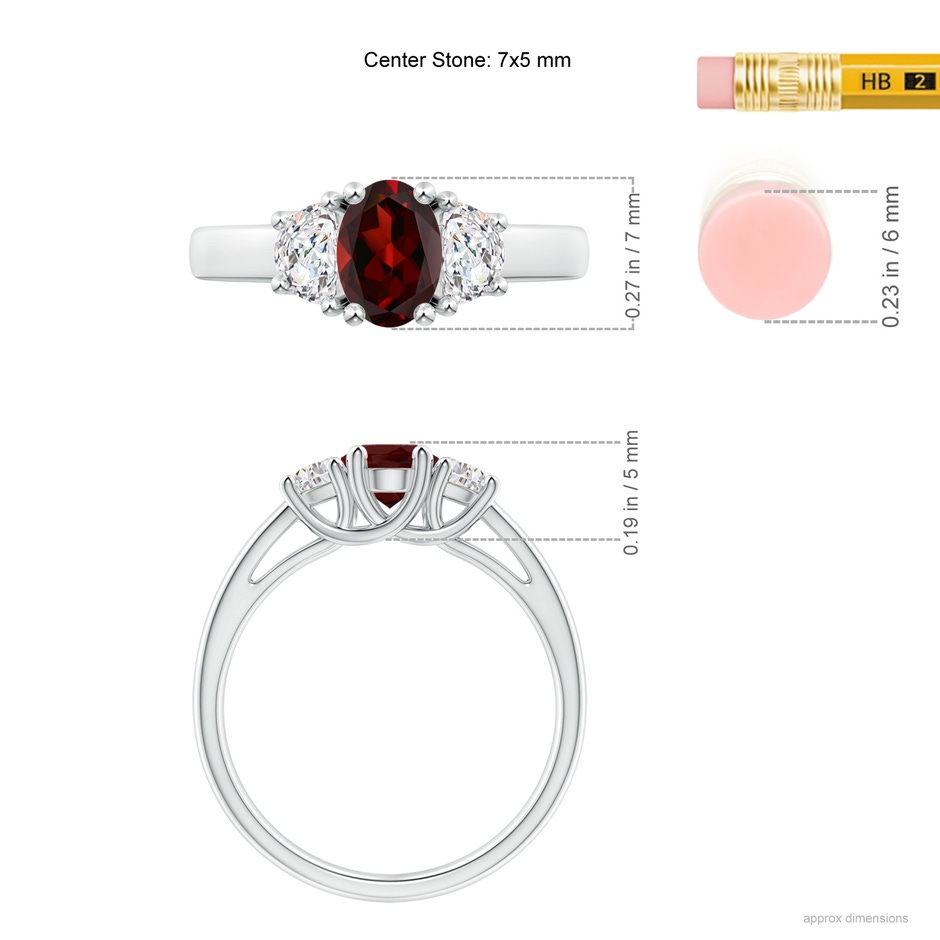 7x5mm AAA Three Stone Oval Garnet and Half Moon Diamond Ring in White Gold ruler