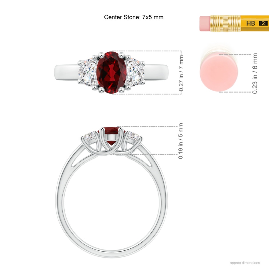 7x5mm AAAA Three Stone Oval Garnet and Half Moon Diamond Ring in P950 Platinum ruler