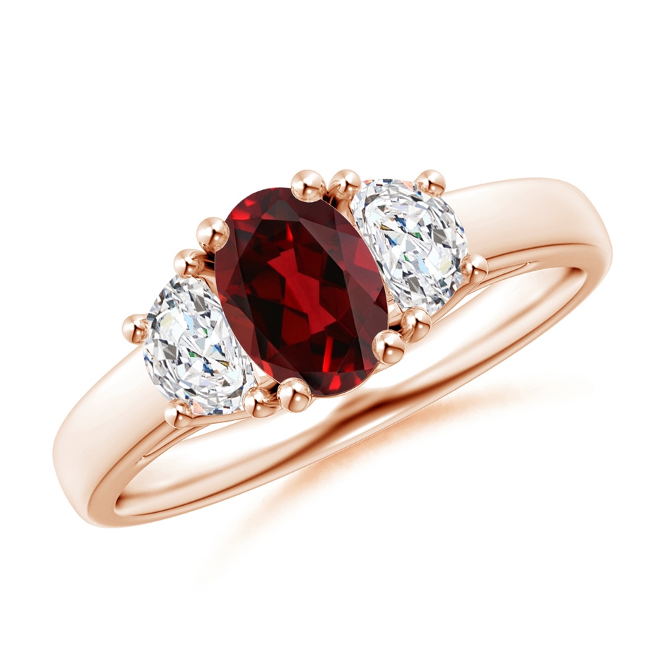 7x5mm AAAA Three Stone Oval Garnet and Half Moon Diamond Ring in Rose Gold 
