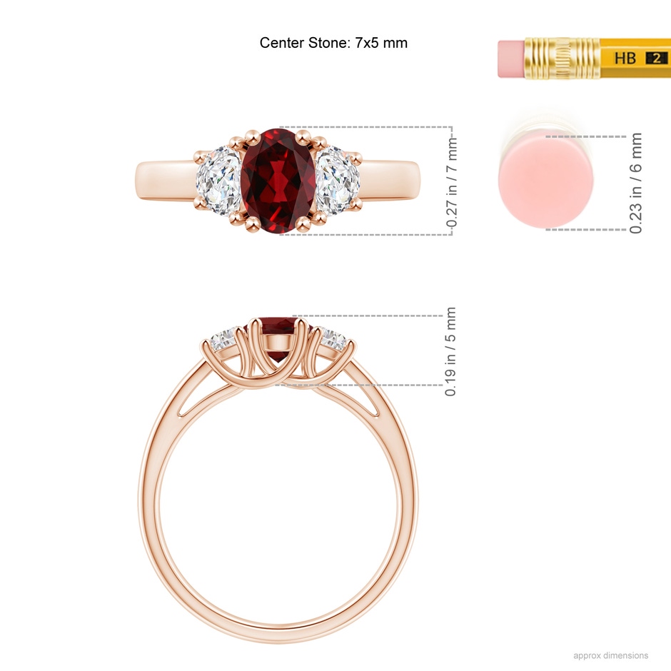 7x5mm AAAA Three Stone Oval Garnet and Half Moon Diamond Ring in Rose Gold ruler
