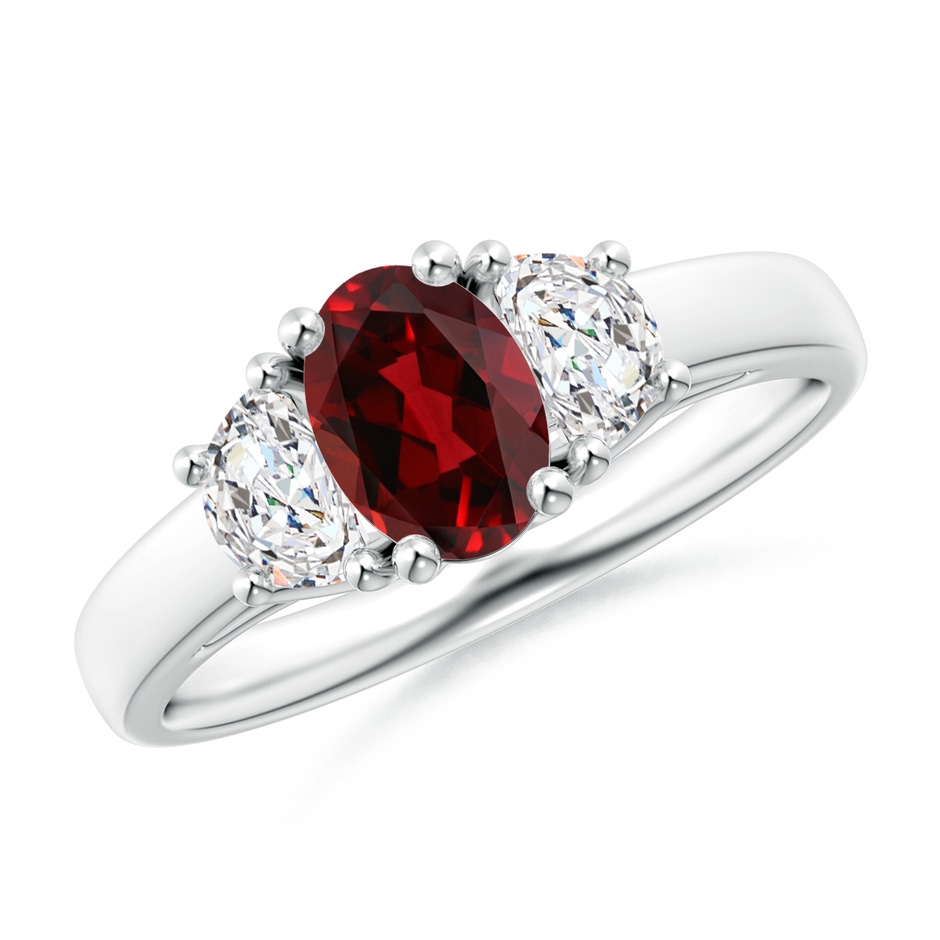 7x5mm AAAA Three Stone Oval Garnet and Half Moon Diamond Ring in White Gold 