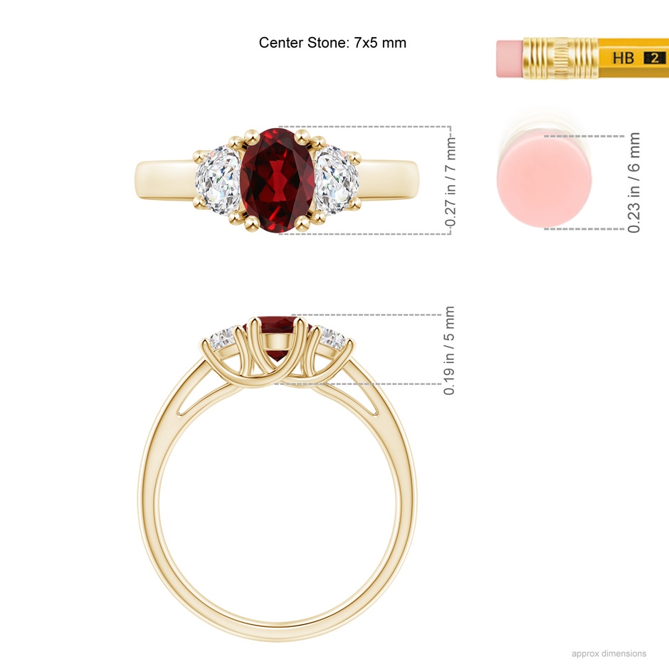 7x5mm AAAA Three Stone Oval Garnet and Half Moon Diamond Ring in Yellow Gold ruler