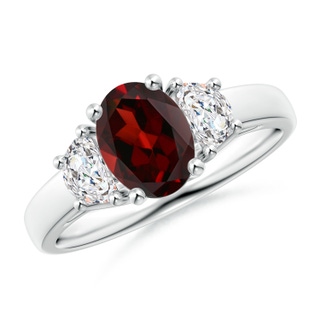 8x6mm AAA Three Stone Oval Garnet and Half Moon Diamond Ring in White Gold