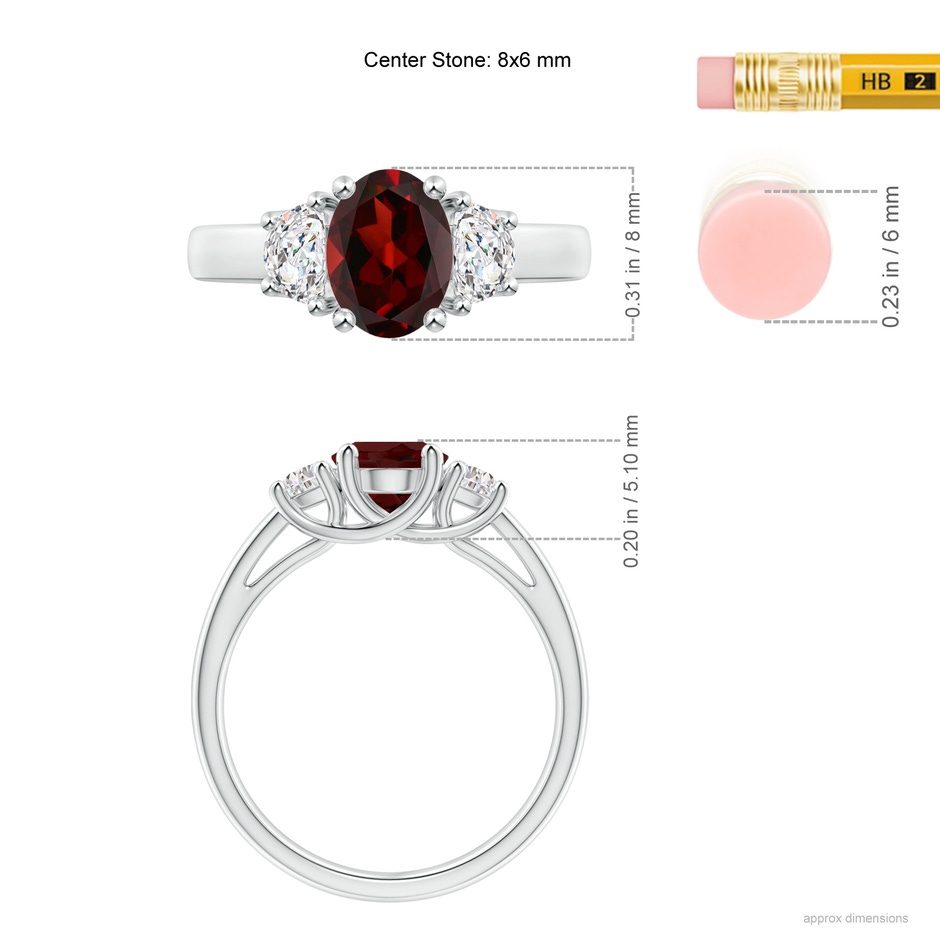 8x6mm AAA Three Stone Oval Garnet and Half Moon Diamond Ring in White Gold ruler