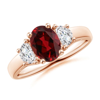 8x6mm AAAA Three Stone Oval Garnet and Half Moon Diamond Ring in Rose Gold