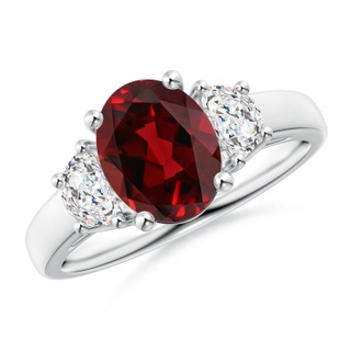 9x7mm AAAA Three Stone Oval Garnet and Half Moon Diamond Ring in P950 Platinum