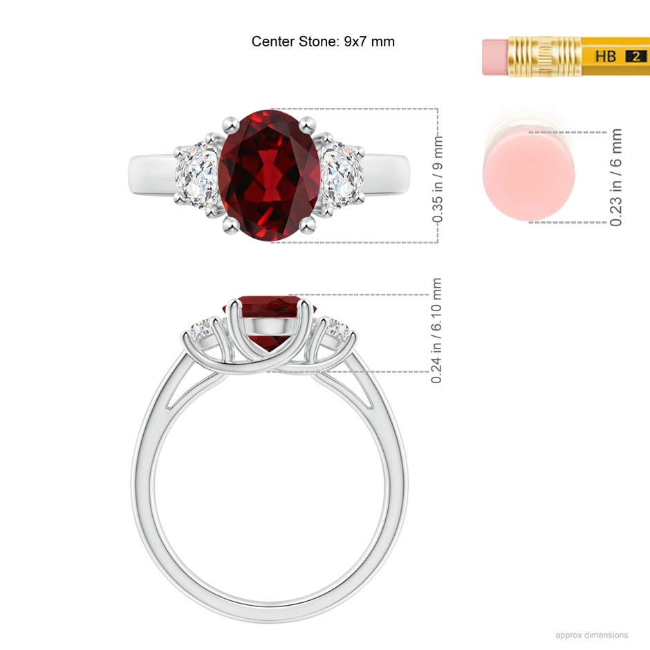 9x7mm AAAA Three Stone Oval Garnet and Half Moon Diamond Ring in P950 Platinum ruler
