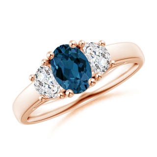 7x5mm AAA London Blue Topaz and Half Moon Diamond Three Stone Ring in Rose Gold