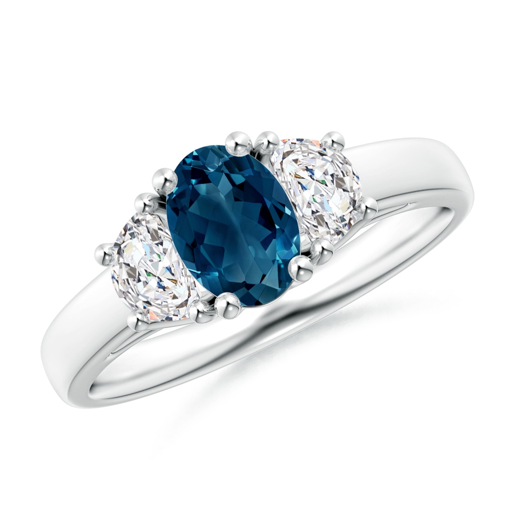 7x5mm AAAA London Blue Topaz and Half Moon Diamond Three Stone Ring in White Gold