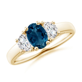 7x5mm AAAA London Blue Topaz and Half Moon Diamond Three Stone Ring in Yellow Gold