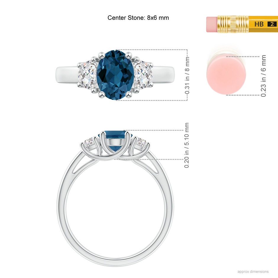 8x6mm AAA London Blue Topaz and Half Moon Diamond Three Stone Ring in White Gold ruler