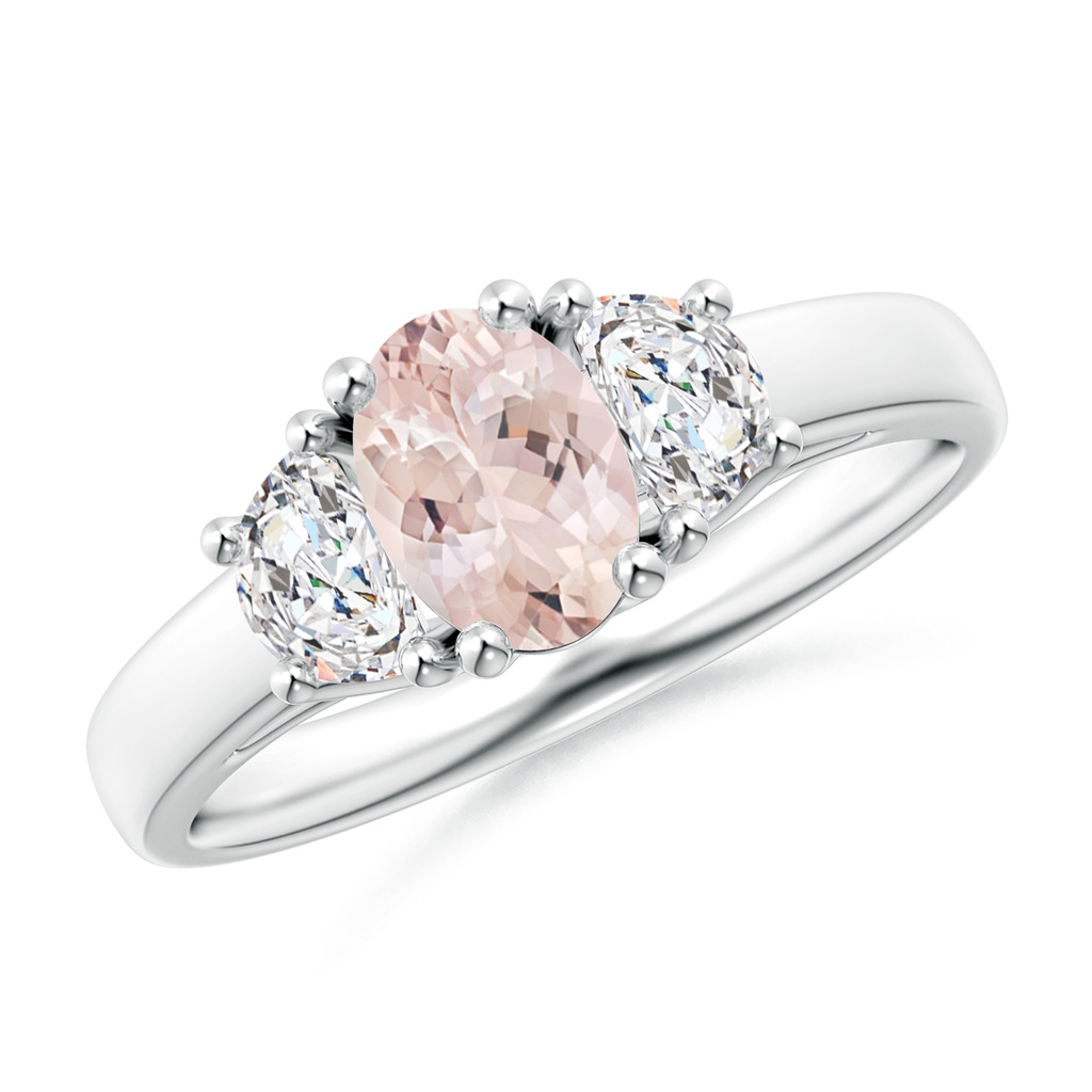 7x5mm AA Three Stone Oval Morganite and Half Moon Diamond Ring in White Gold