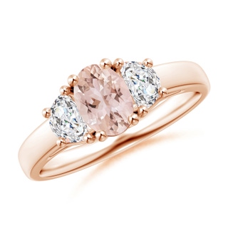 7x5mm AAA Three Stone Oval Morganite and Half Moon Diamond Ring in Rose Gold