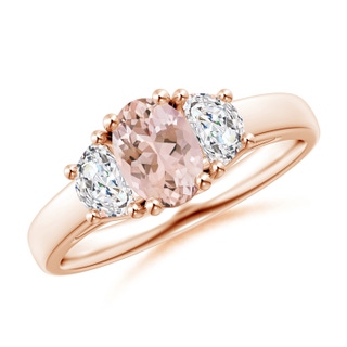 7x5mm AAAA Three Stone Oval Morganite and Half Moon Diamond Ring in Rose Gold