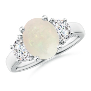 10x8mm A Three Stone Oval Opal and Half Moon Diamond Ring in White Gold