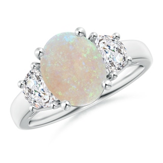 10x8mm AA Three Stone Oval Opal and Half Moon Diamond Ring in White Gold