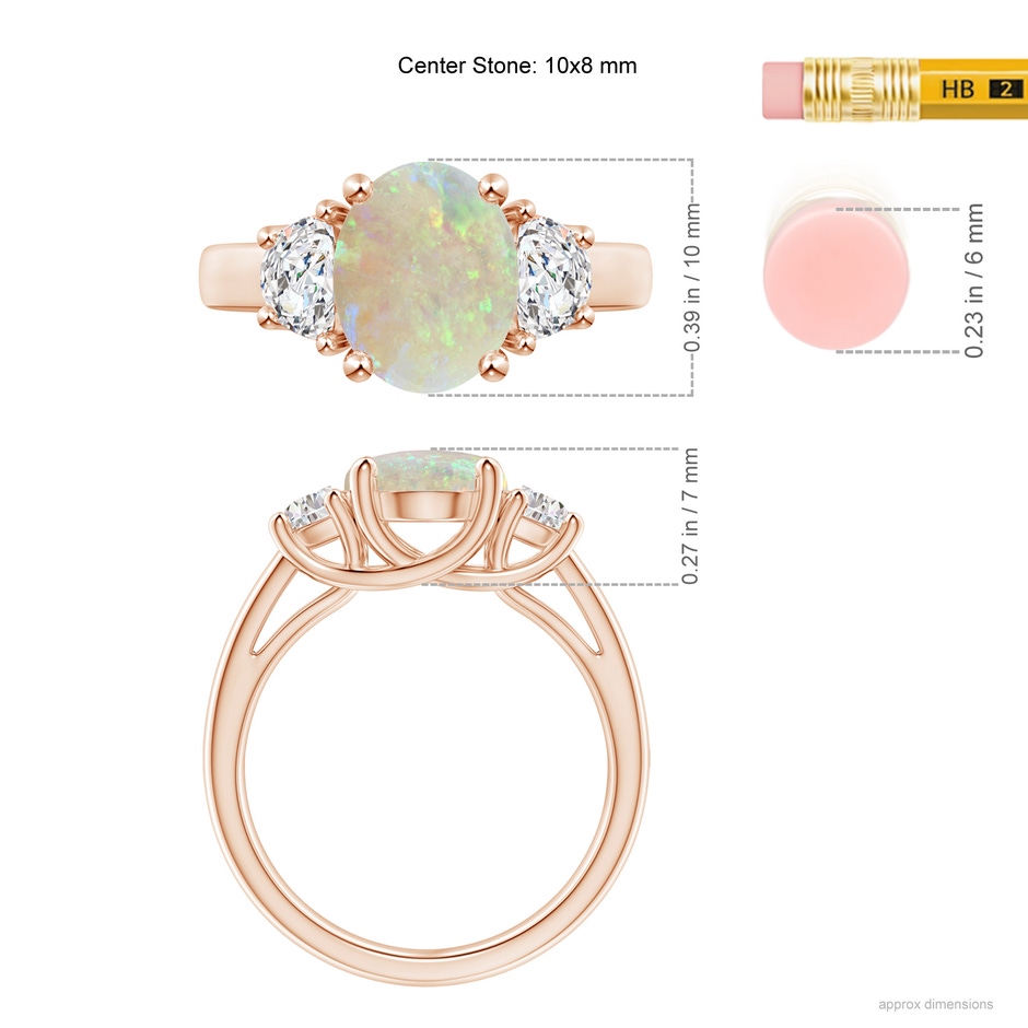 10x8mm AAA Three Stone Oval Opal and Half Moon Diamond Ring in Rose Gold ruler
