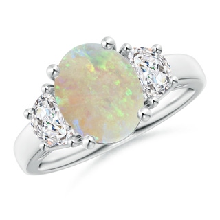 10x8mm AAA Three Stone Oval Opal and Half Moon Diamond Ring in White Gold