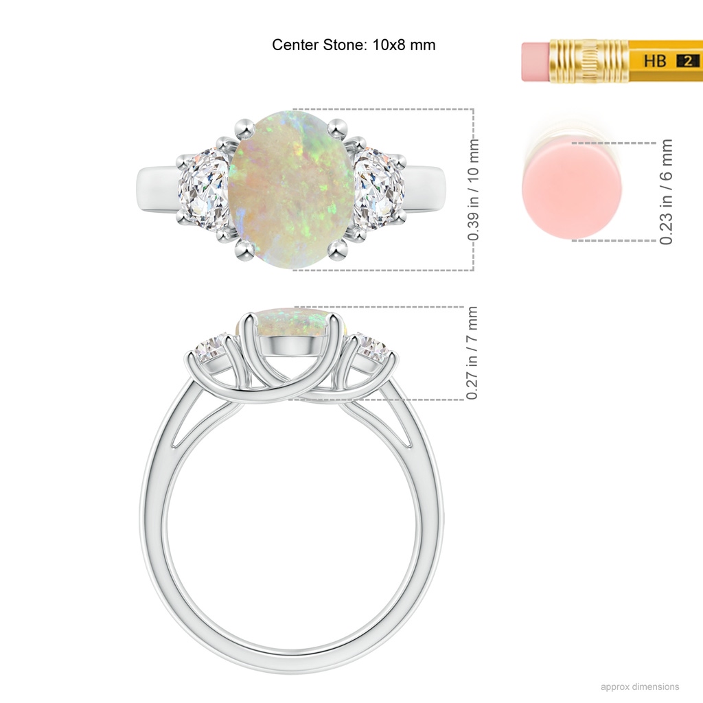 10x8mm AAA Three Stone Oval Opal and Half Moon Diamond Ring in White Gold Ruler