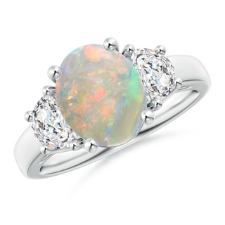 10x8mm AAAA Three Stone Oval Opal and Half Moon Diamond Ring in 9K White Gold