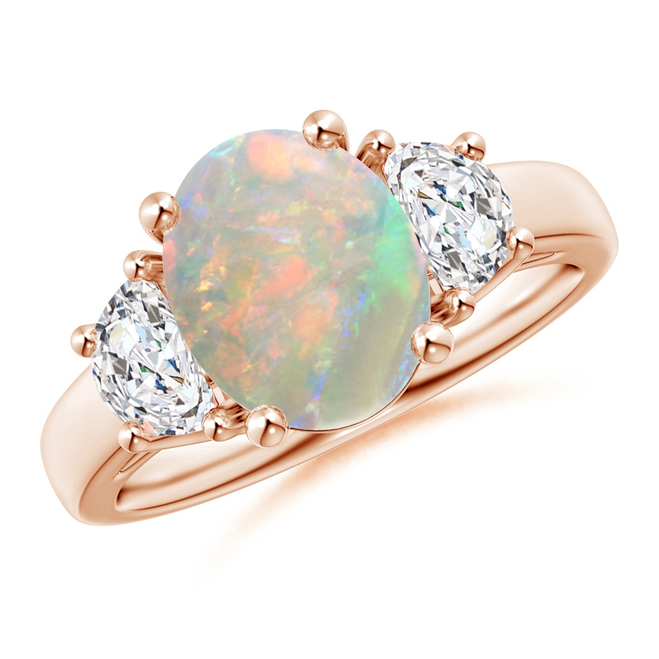 10x8mm AAAA Three Stone Oval Opal and Half Moon Diamond Ring in Rose Gold 