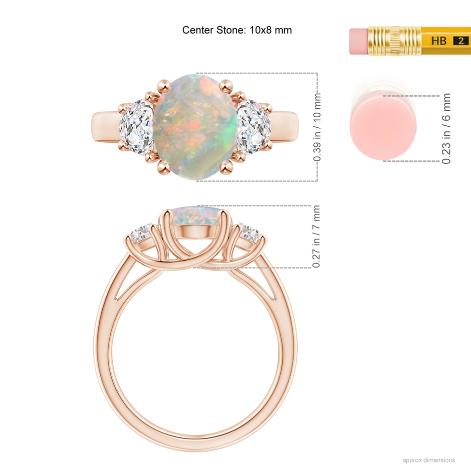 10x8mm AAAA Three Stone Oval Opal and Half Moon Diamond Ring in Rose Gold ruler