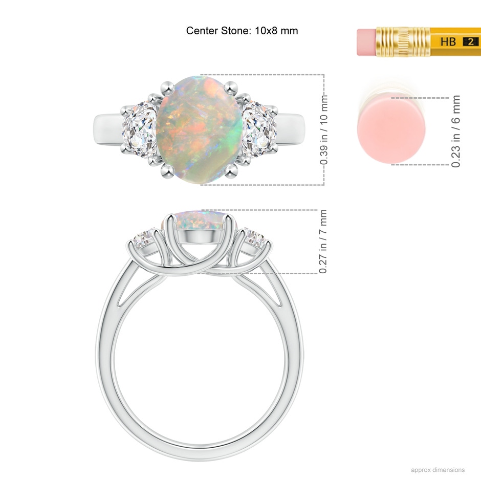 10x8mm AAAA Three Stone Oval Opal and Half Moon Diamond Ring in White Gold ruler