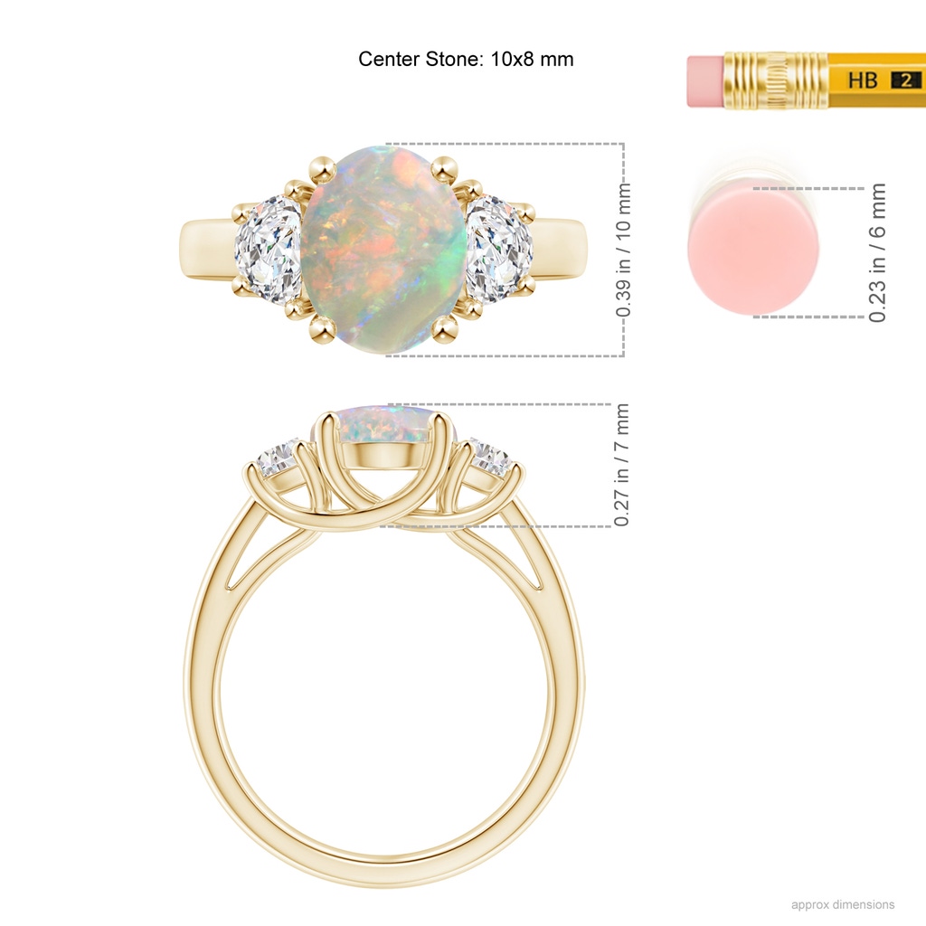 10x8mm AAAA Three Stone Oval Opal and Half Moon Diamond Ring in Yellow Gold Ruler