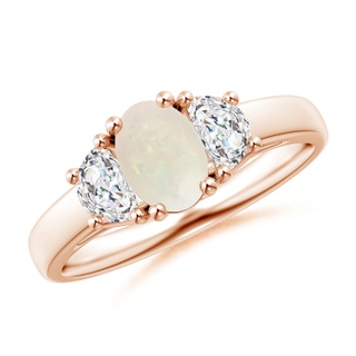 7x5mm A Three Stone Oval Opal and Half Moon Diamond Ring in Rose Gold