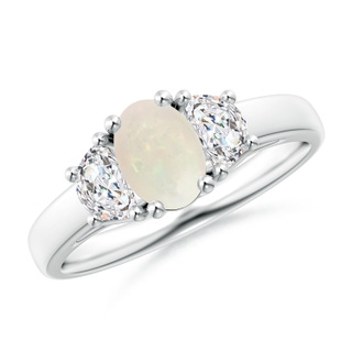 7x5mm A Three Stone Oval Opal and Half Moon Diamond Ring in White Gold
