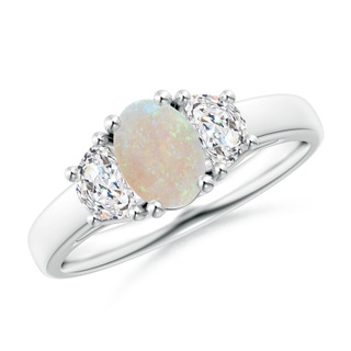 7x5mm AA Three Stone Oval Opal and Half Moon Diamond Ring in White Gold