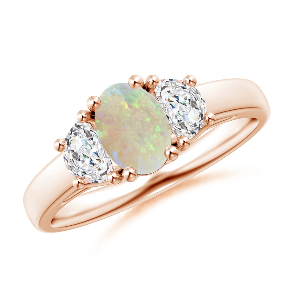 7x5mm AAA Three Stone Oval Opal and Half Moon Diamond Ring in Rose Gold 