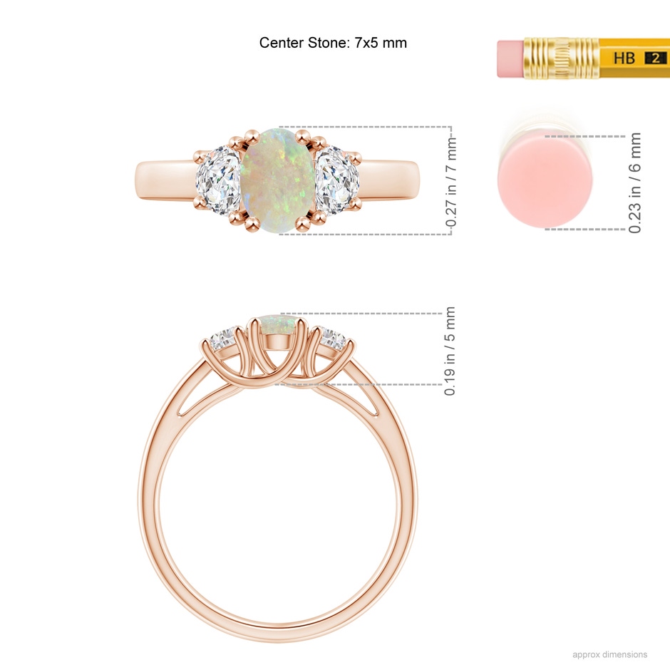 7x5mm AAA Three Stone Oval Opal and Half Moon Diamond Ring in Rose Gold ruler