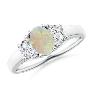 7x5mm AAA Three Stone Oval Opal and Half Moon Diamond Ring in White Gold