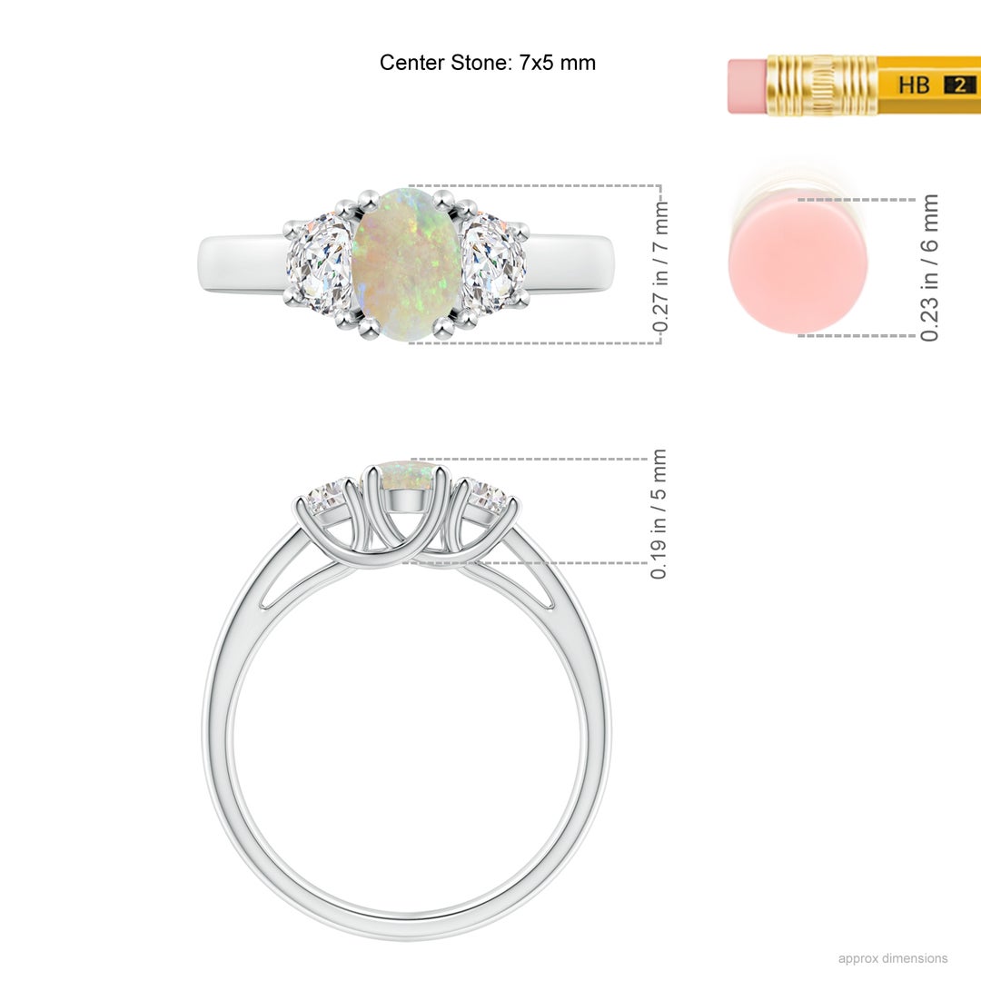 7x5mm AAA Three Stone Oval Opal and Half Moon Diamond Ring in White Gold - ruler