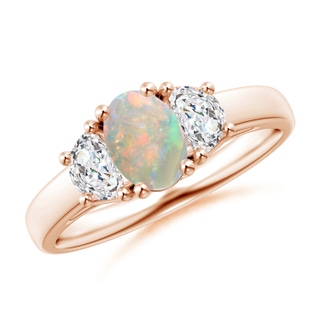 7x5mm AAAA Three Stone Oval Opal and Half Moon Diamond Ring in 9K Rose Gold