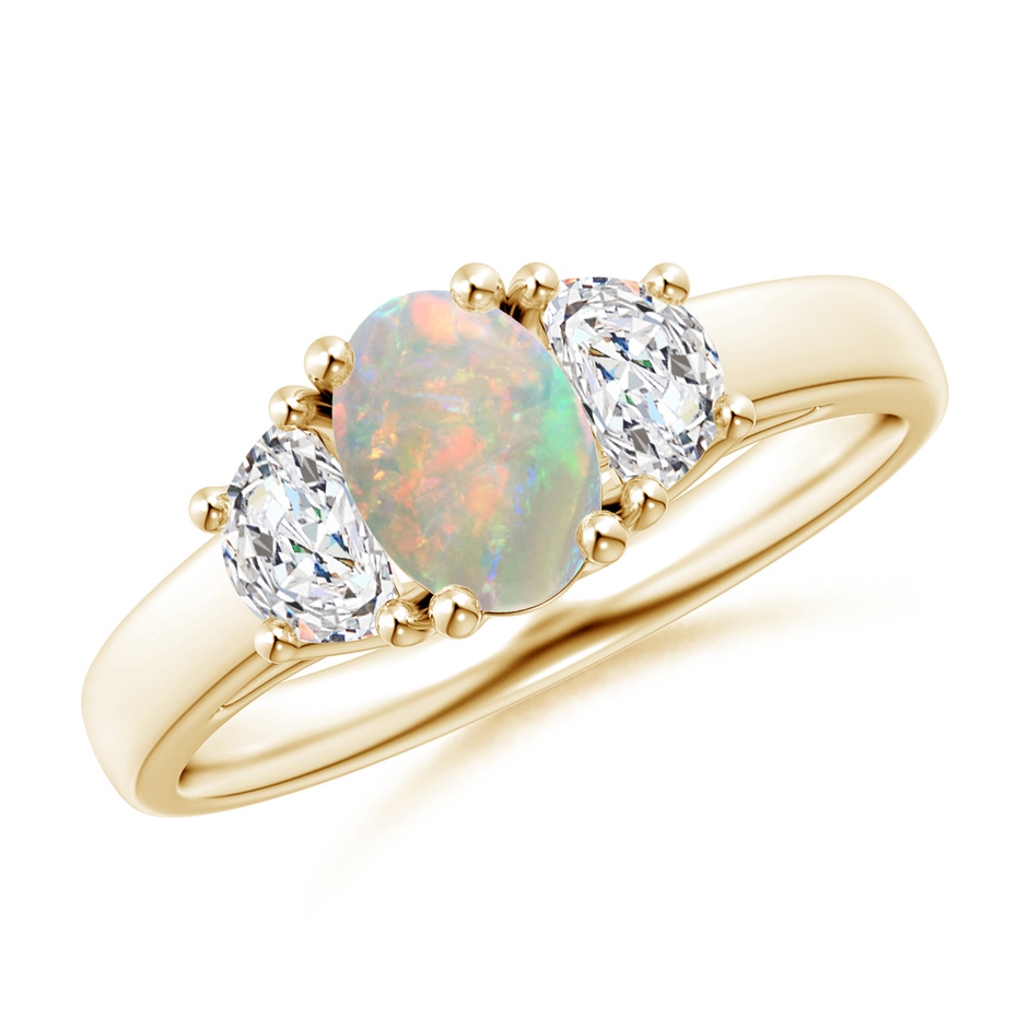 7x5mm AAAA Three Stone Oval Opal and Half Moon Diamond Ring in Yellow Gold 