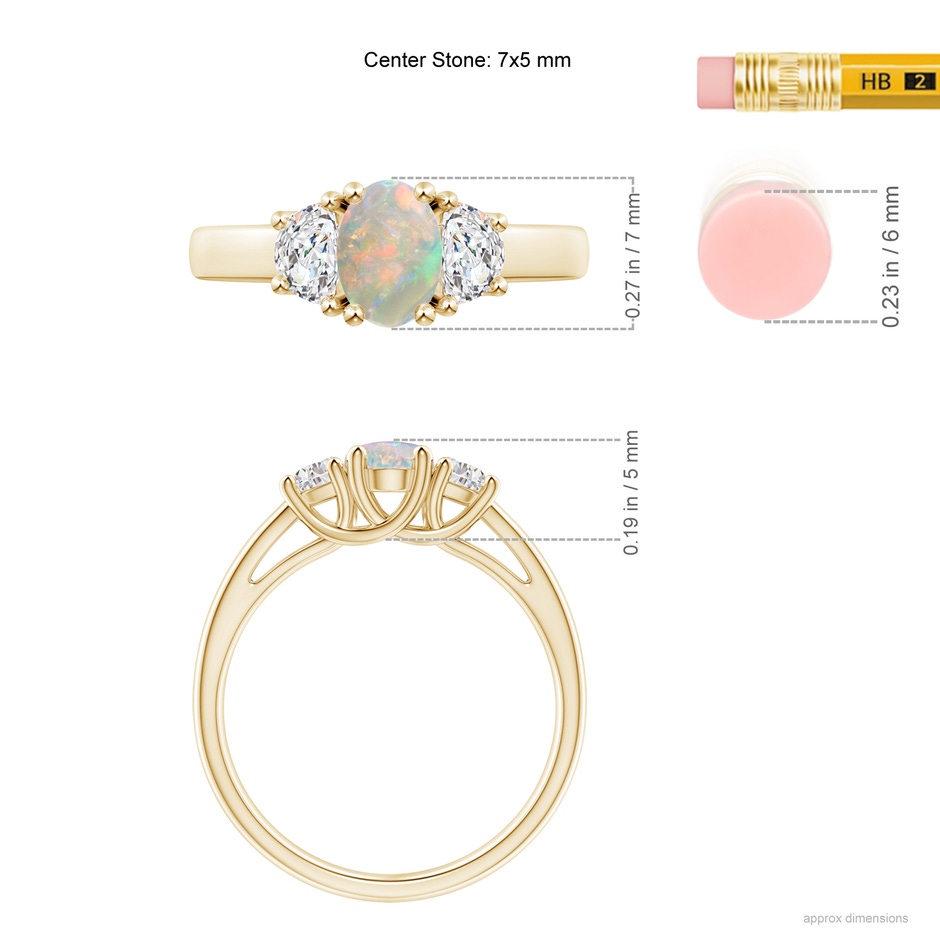 7x5mm AAAA Three Stone Oval Opal and Half Moon Diamond Ring in Yellow Gold ruler
