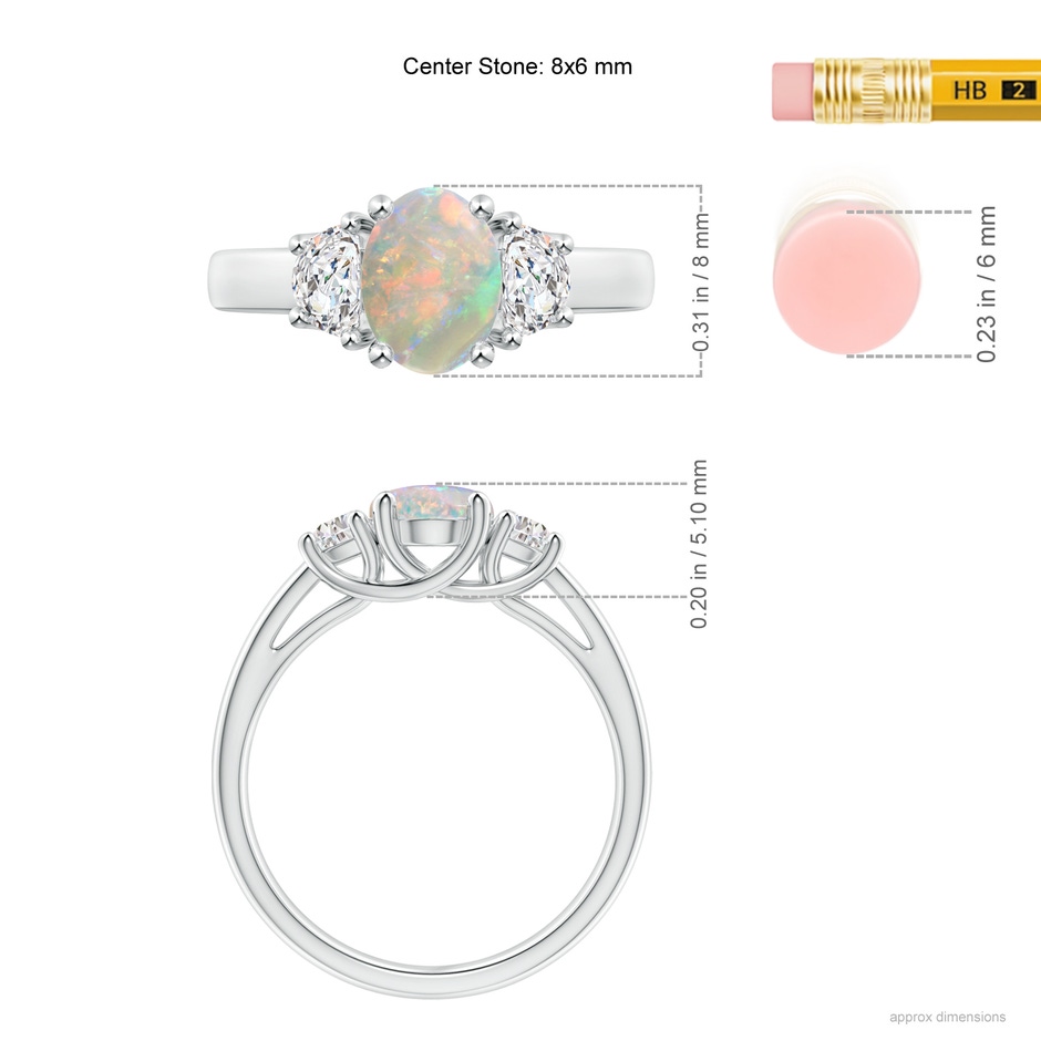 8x6mm AAAA Three Stone Oval Opal and Half Moon Diamond Ring in P950 Platinum ruler