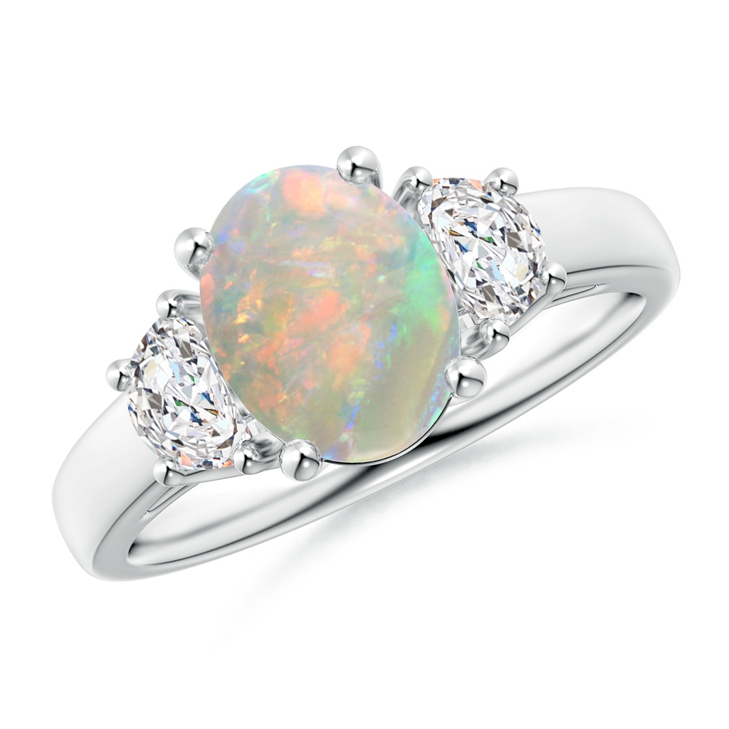 9x7mm AAAA Three Stone Oval Opal and Half Moon Diamond Ring in White Gold