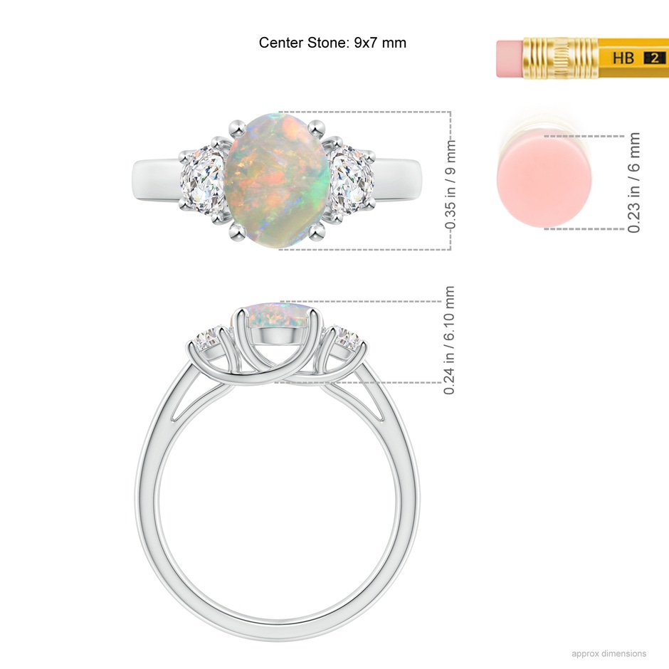 9x7mm AAAA Three Stone Oval Opal and Half Moon Diamond Ring in White Gold ruler