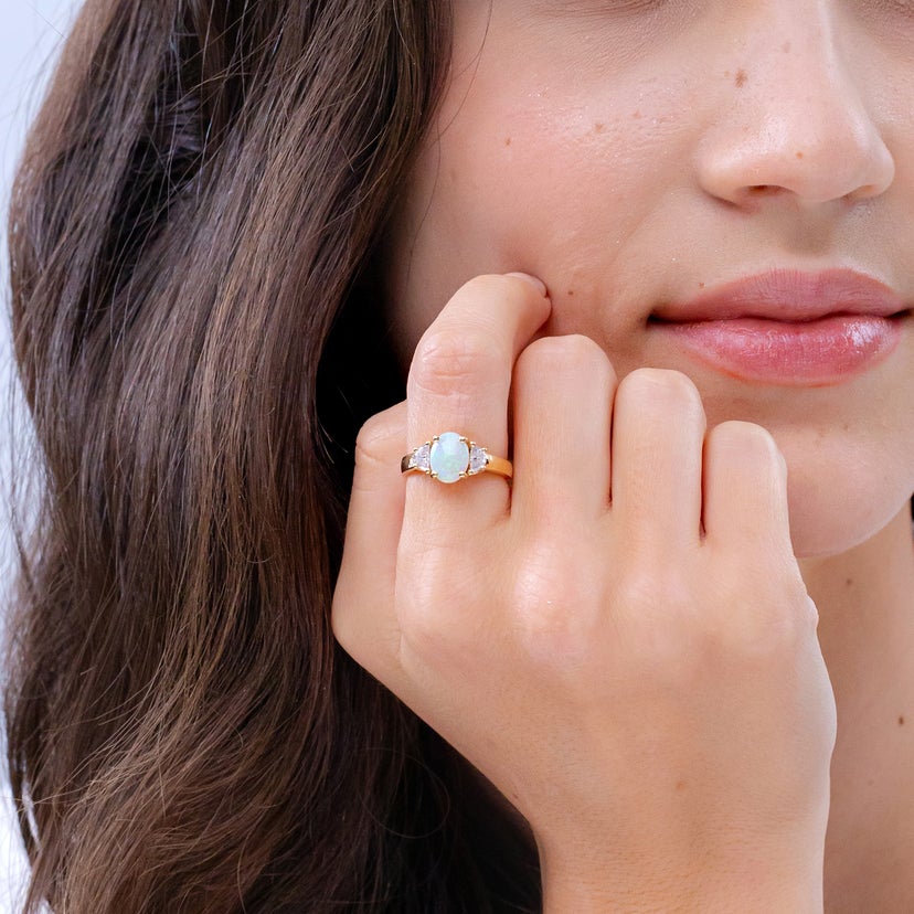 Three Stone Oval Opal and Half Moon Diamond Ring