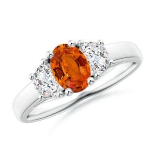 7x5mm AAAA Oval Orange Sapphire Ring with Half Moon Diamonds in 9K White Gold
